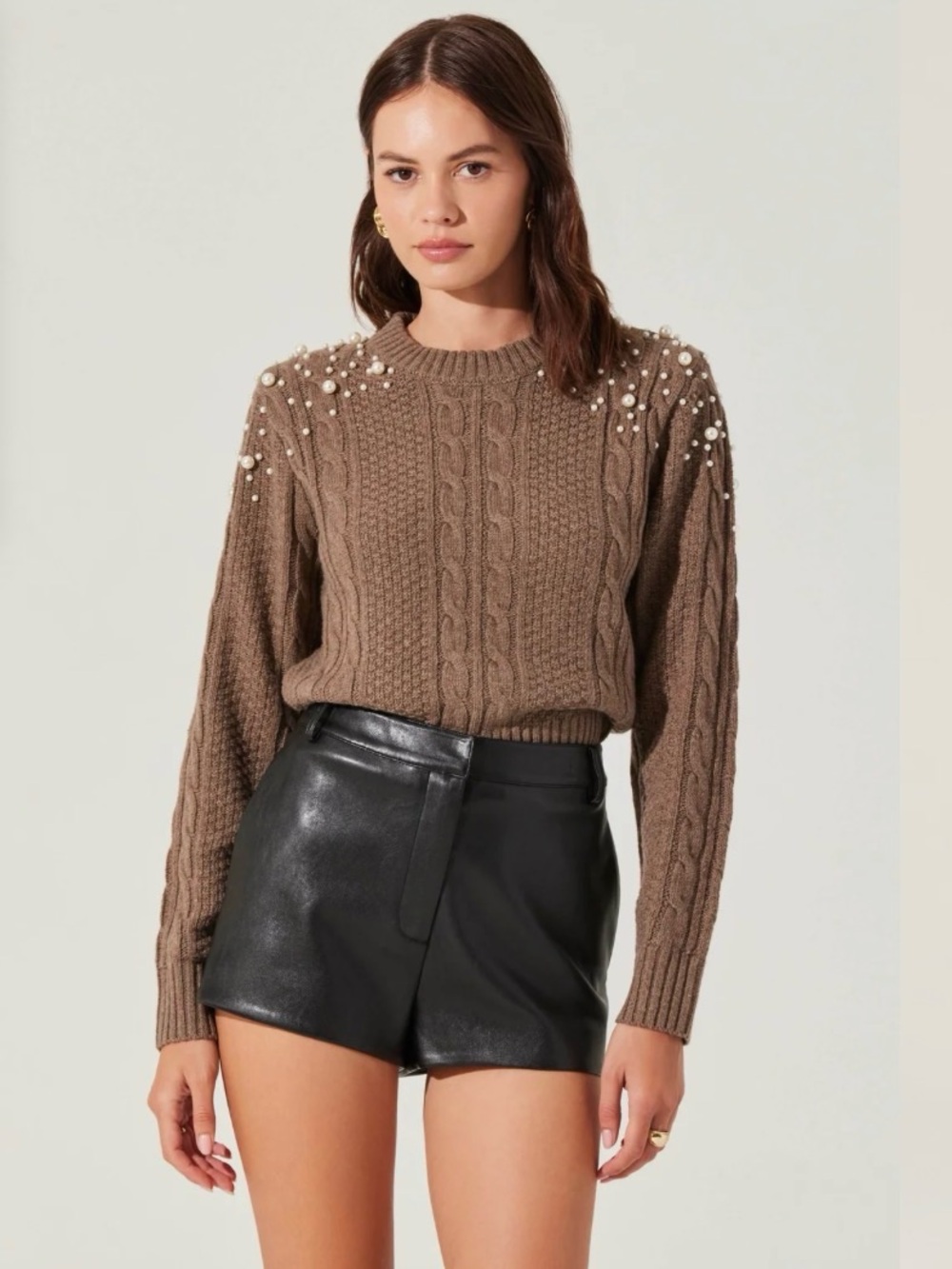 NWT **Astr**Brown Cable Knit Crewneck Sweater with Pearl Embellishments